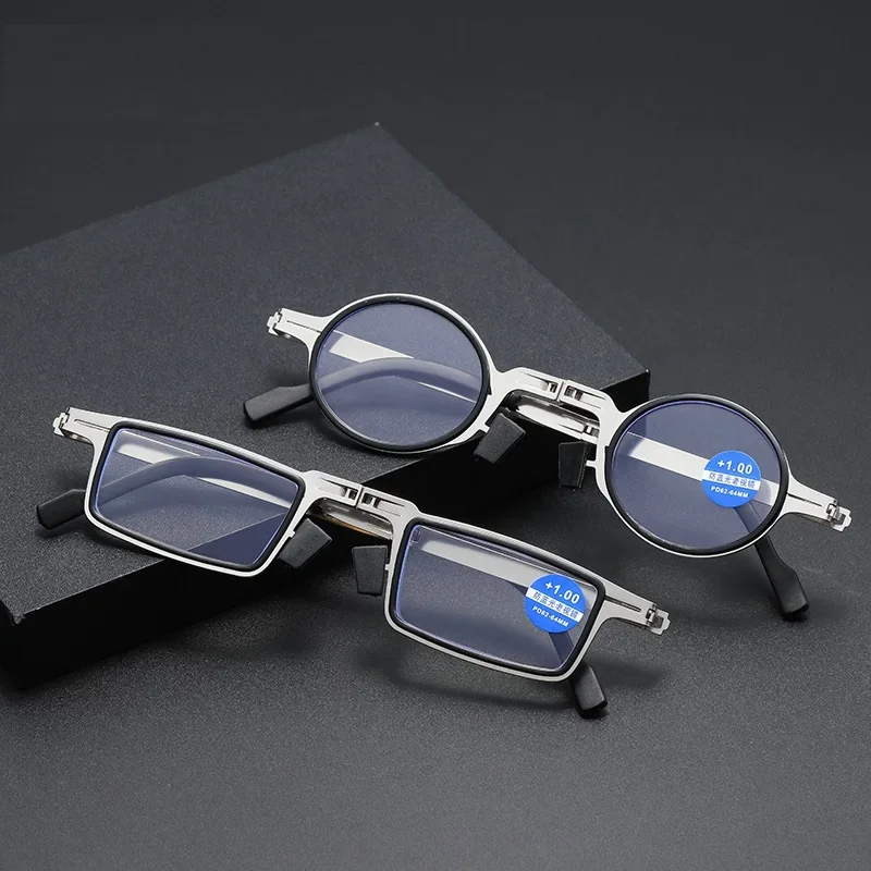 Blue Anti-Light Reading Glasses Men Metal Foldable Presbyopia Spectacles Frame Cooling Glasses with Case +1.0 +2.0 +3.0 +4.0