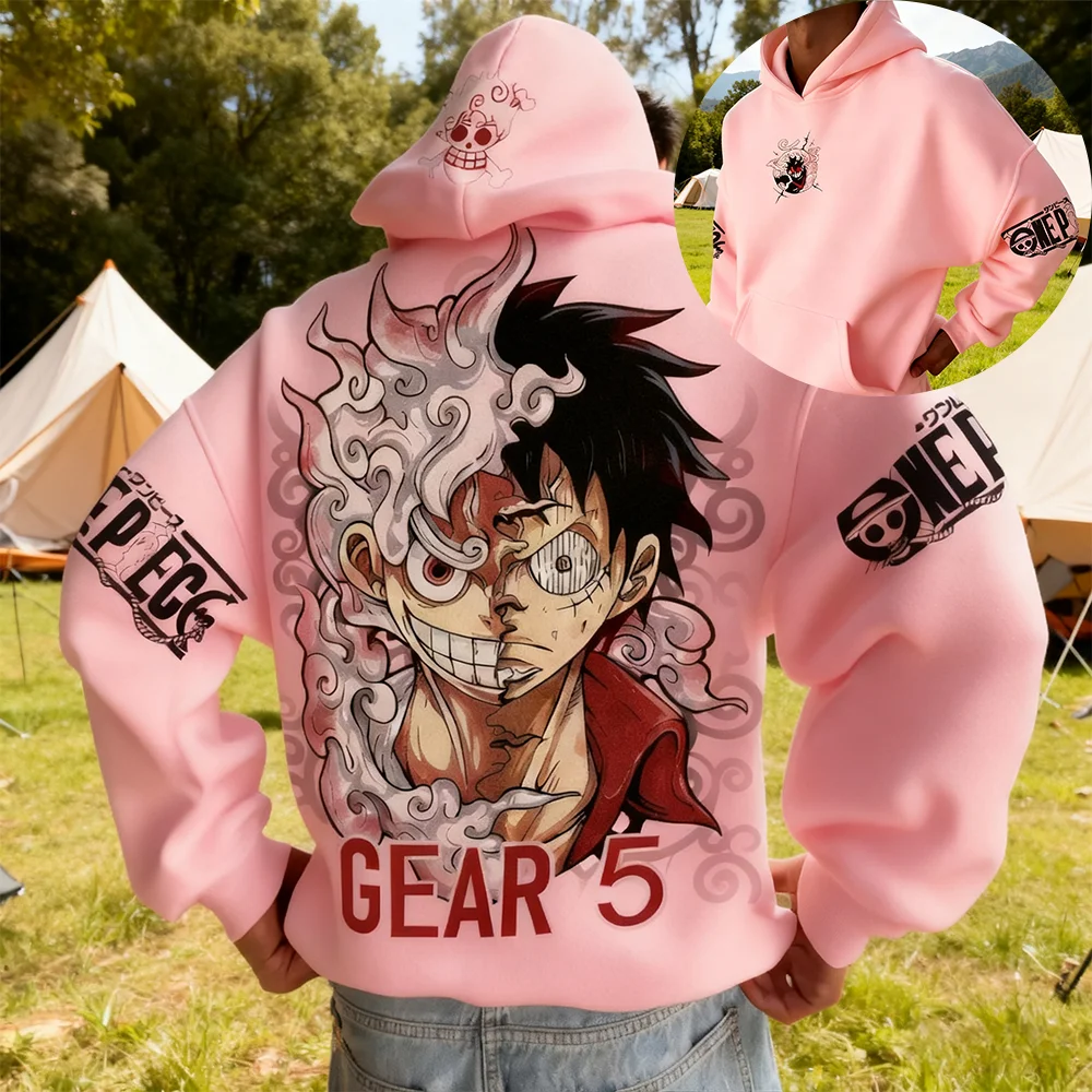 One Piece Anime Luffy Gear Fifth Transformation Cotton Hoodie Pink Character Print Casual Streetwear Long Sleeve Pullover Unisex
