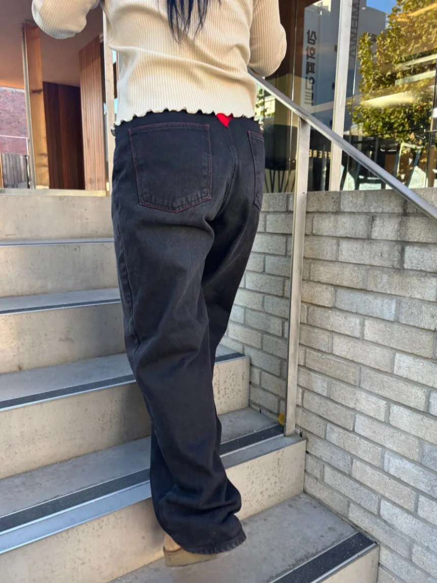 Rétro américain Ba coeur imprimé ample jambe large jean décontracté pantalons longs femmes Chic automne hiver Denim pantalon Fem Faion