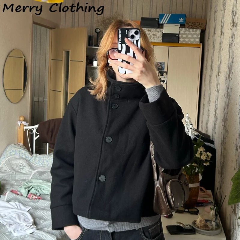 

Vintage Stand Collar Short Jacket For Women Long Sleeve Single Breasted Coat 2025 Autumn Chic Elegant Lady Streetwear Outerwears