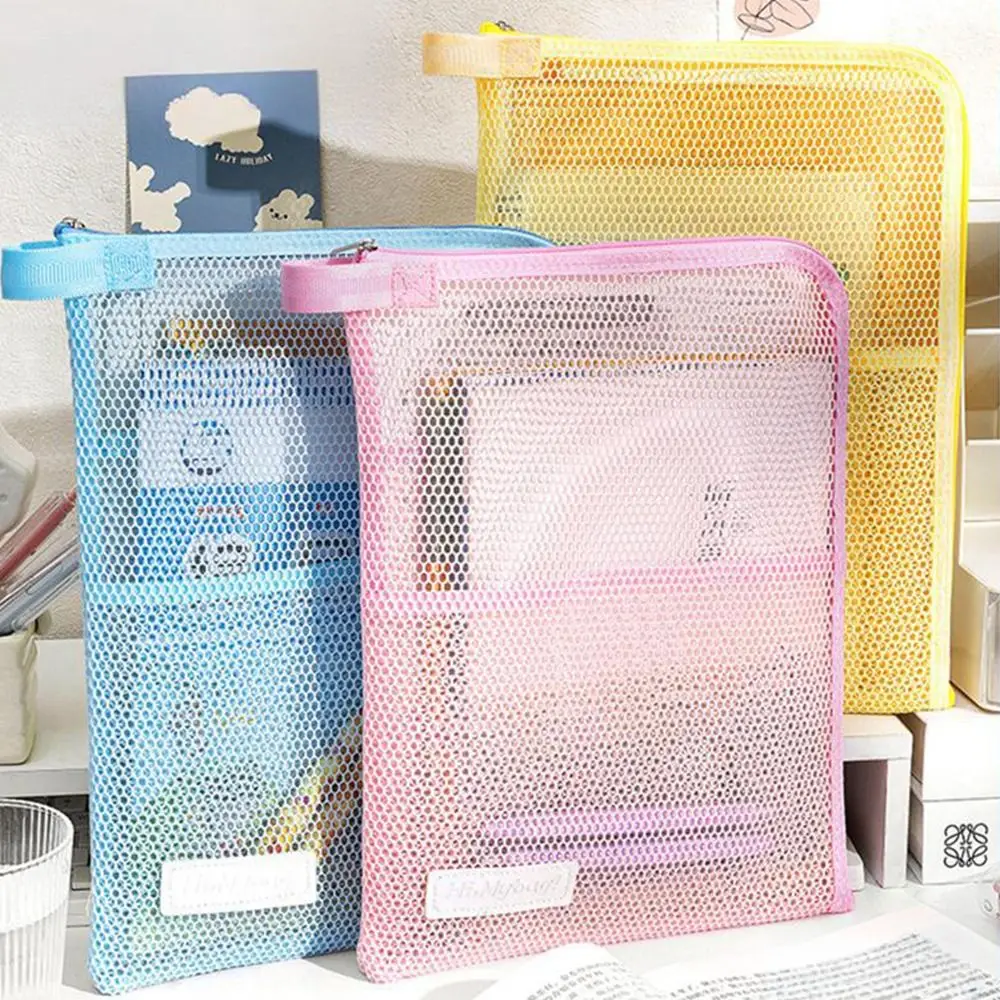 

Multi Functional Mesh A4 File Folder Dopamine Color Large Capacity File Bag L-shape Large Opening Test Paper Organizer Gift