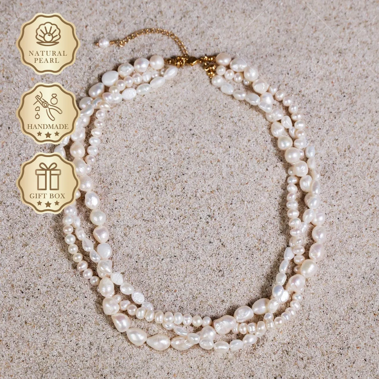 

Ожерелье Mysoya из белого пресноводного жемчуга в стиле барокко, тройное, 5-6 и 8-9 мм, с золотым удлинителем, подарочная коробка, ко Дню святого Валентина, на день рождения