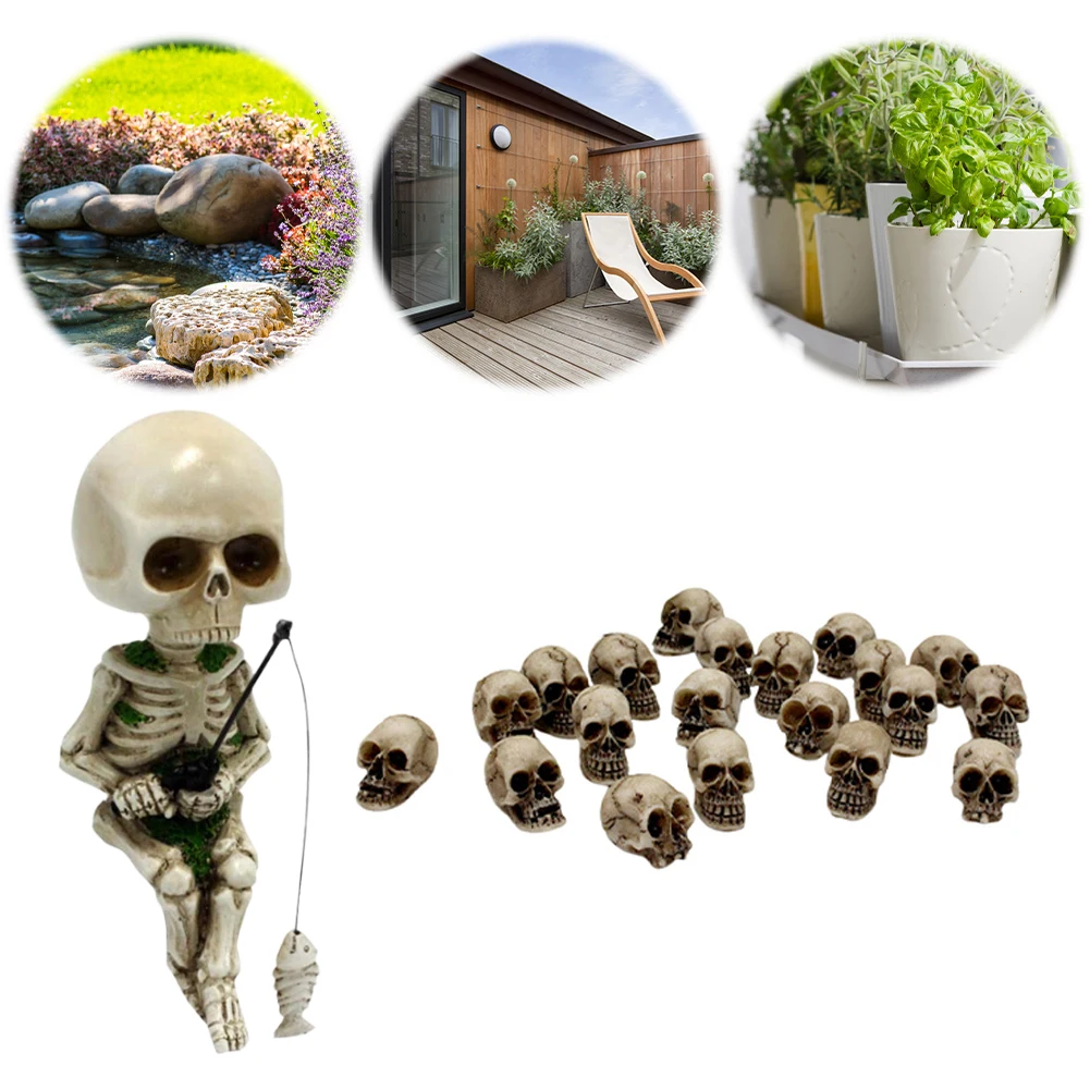 Resin Fishing Skeleton Statue Halloween Gothic Decor Cute Skull Fisher Sculpture Cute Skeleton Gnome Figurine for Outdoor Garden