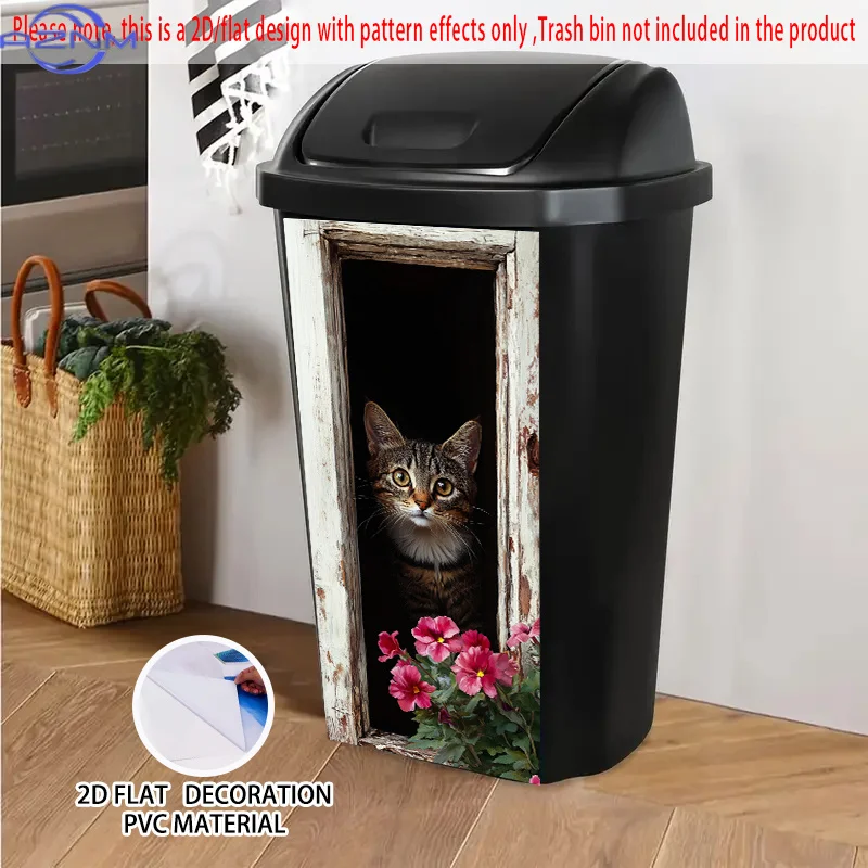 1pc Large Self-Adhesive Dumpster Stickers - Vintage Window Cat Decoration with Pink Floral - Realistic Tabby Cat Peeking - PVC