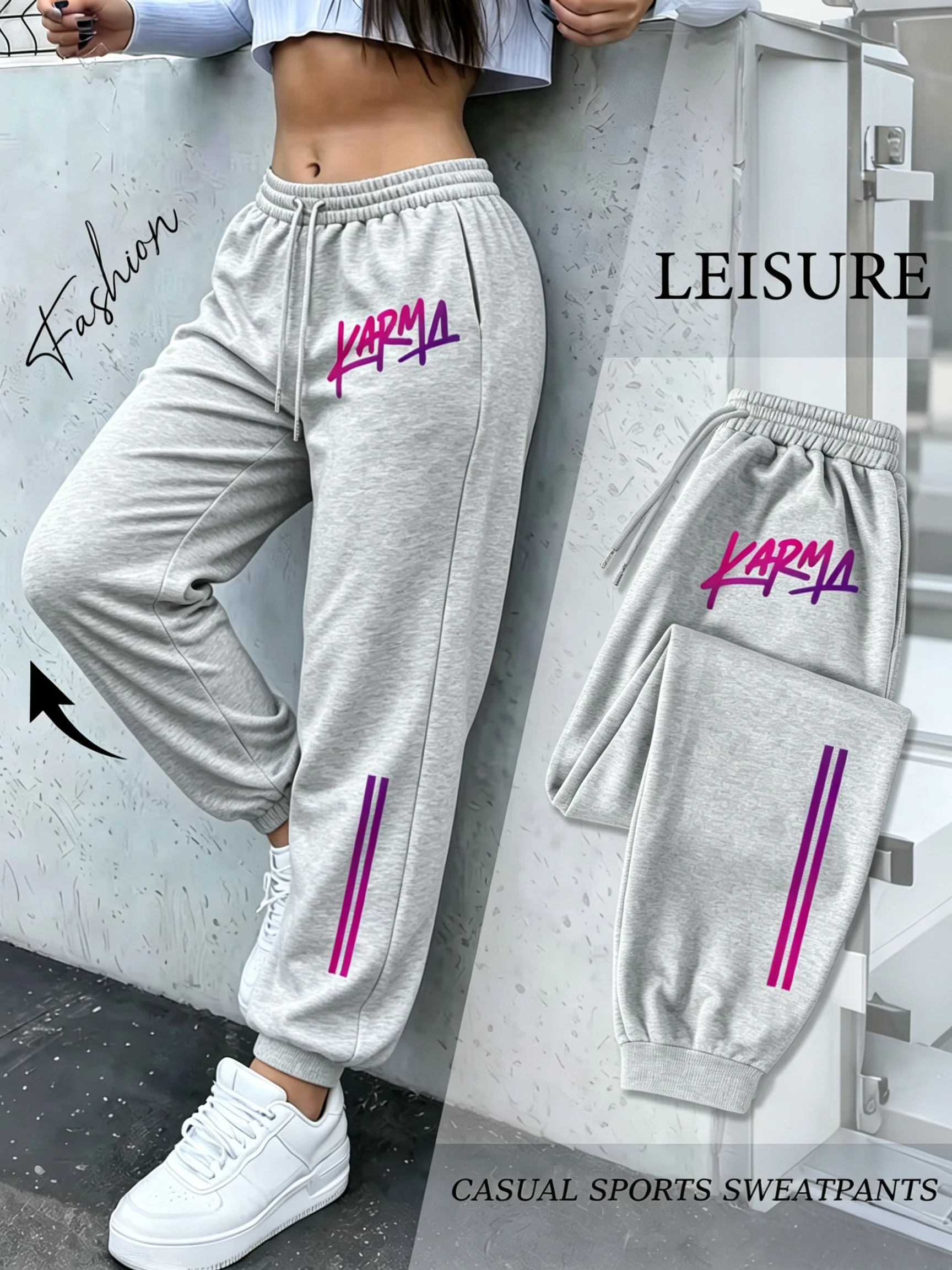 Women High Waist Drawstring Jogger Pants Purple Pink Gradient KARMA Graffiti Letter Double Stripe Print Loose Slim Cool Casual