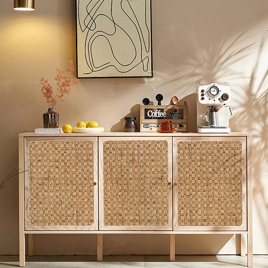 1 Roll Faux Rattan Woven Tea Art Self-Adhesive Wallpaper - Peel and Stick Retro Bamboo Home Decor - Vinyl Coated Wall Sticker