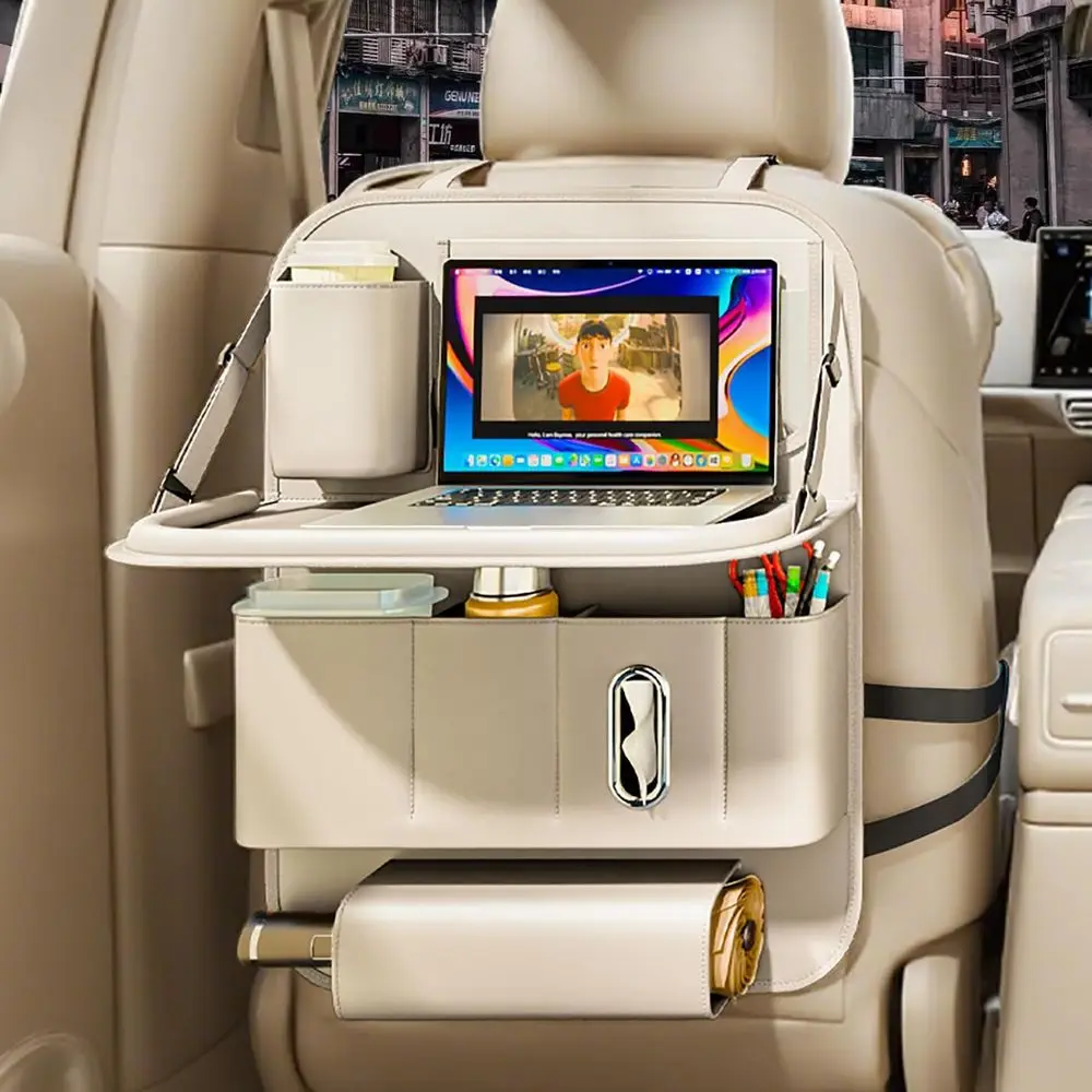 Multi-Function Beige Car Backseat Organizer with Folding Table and Storage Pockets for Kids