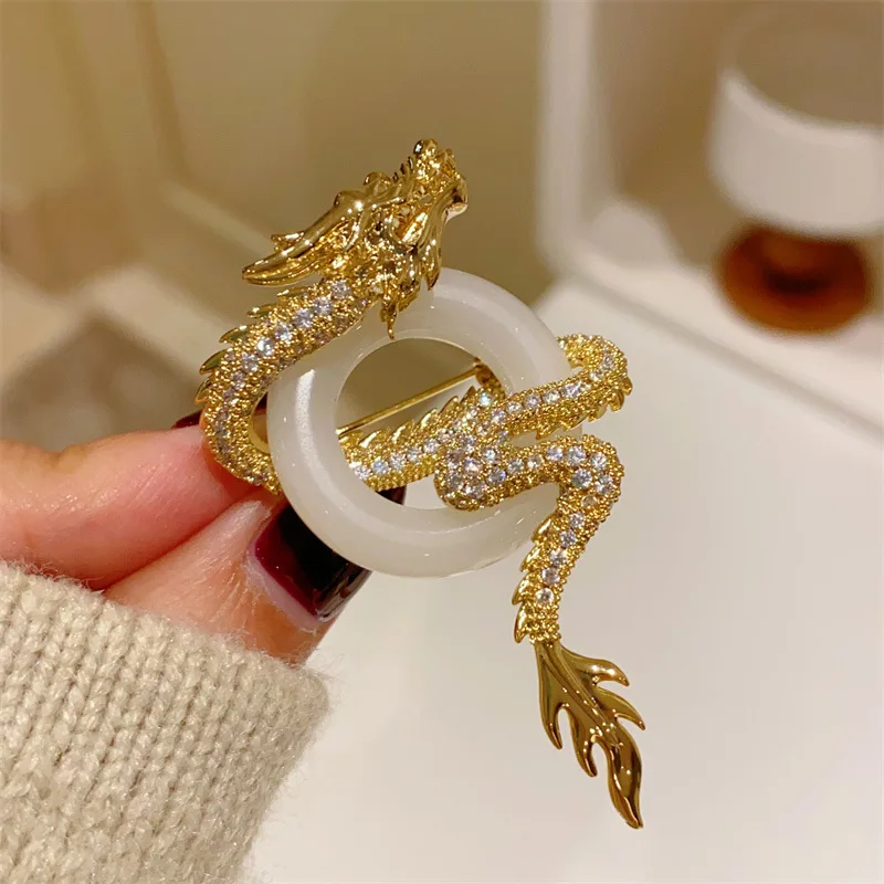 2024 Chinese Zodiac Jade Chalcedony Dragon Brooch Luxury Micro-inlaid Zircon Vintage Corsage Men and Women Suit Accessories Pins