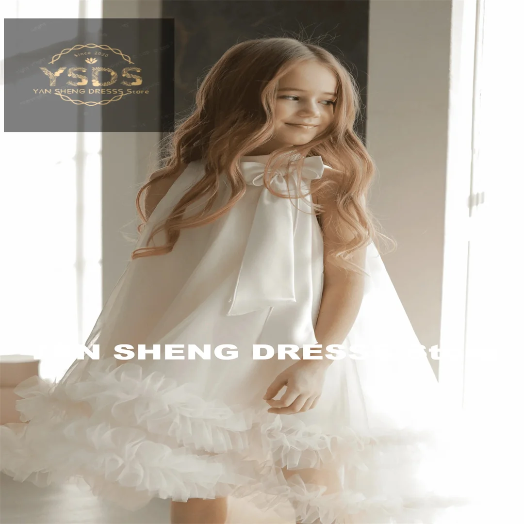 Customized Flower Girl Dress Ivory Tulle Puffy Sleeveless With Bow For Wedding Elegant Child First Eucharistic Birthday Party Dr