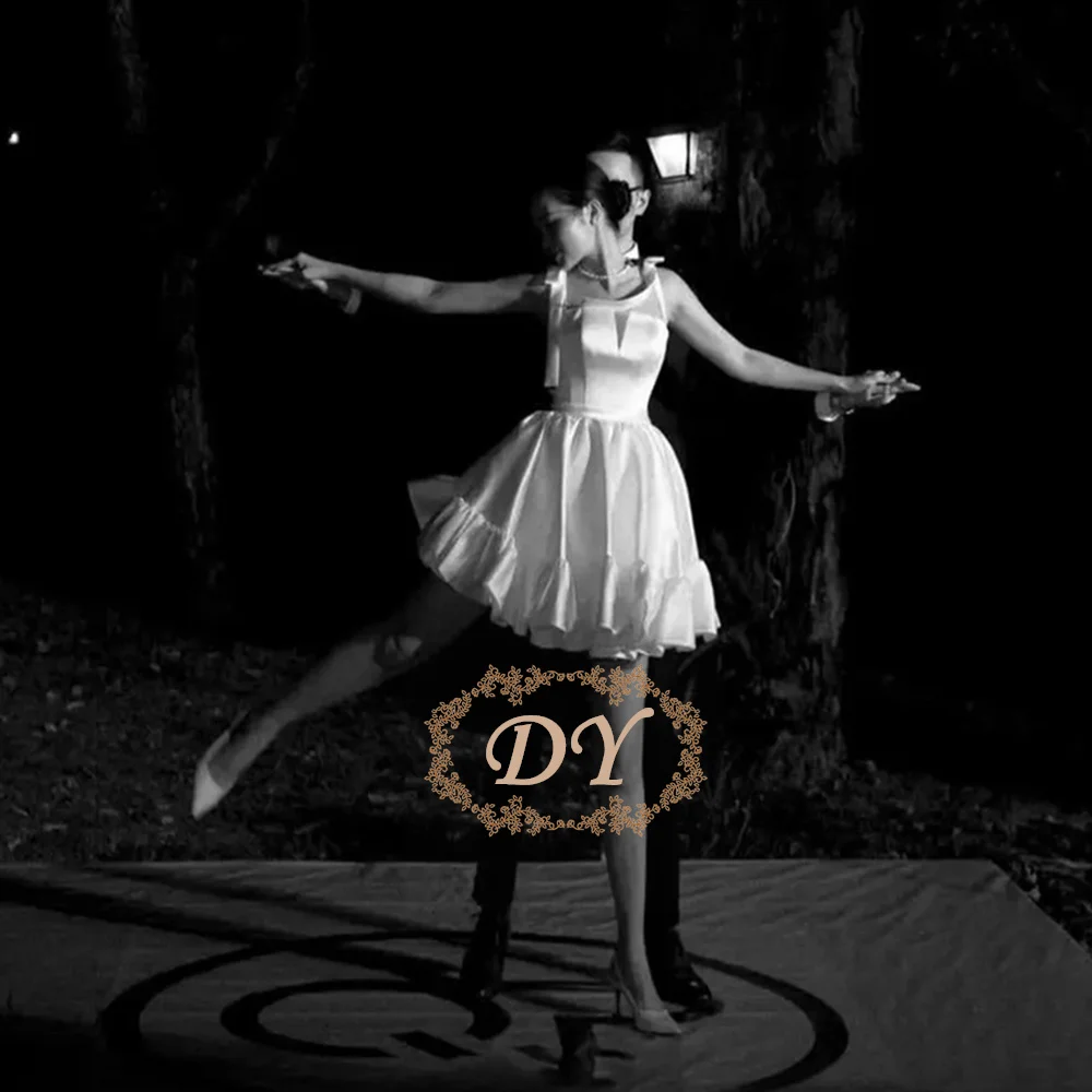 

DY Simple A-Line Short Wedding Dress Spaghetti Straps Bow Bridal Gown Puffy Marriage Dress Customized Vestido De Noiva Corset
