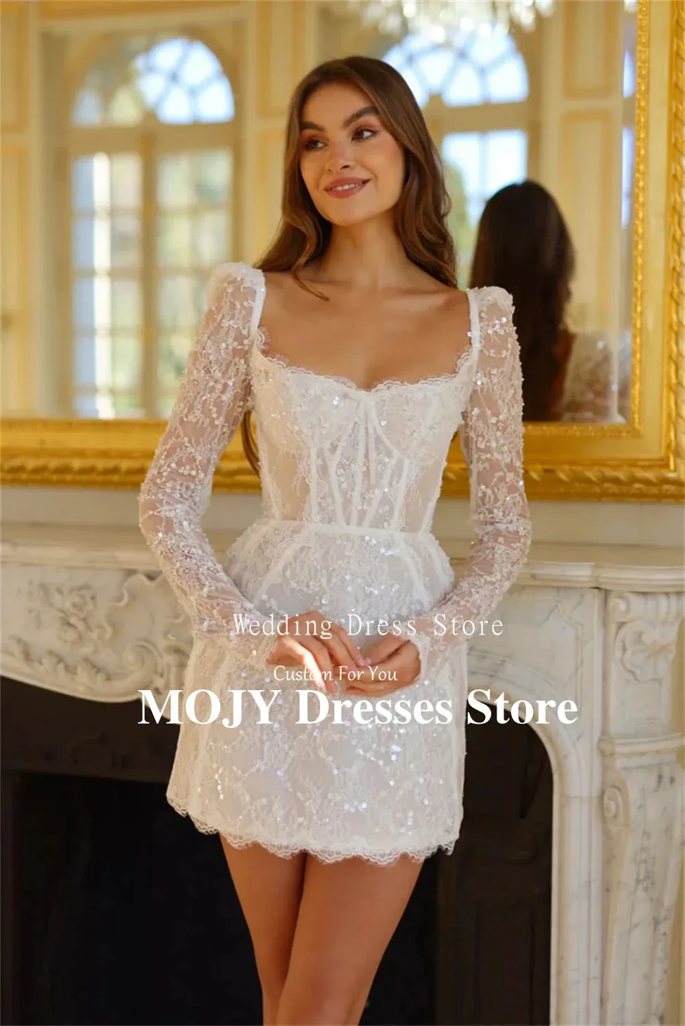Mojy современное блестящее свадебное платье с блестками и длинными рукавами, сексуальное короткое платье Vestidos De Novia Boda Robe De Mariée 2025 по индивидуальному заказу