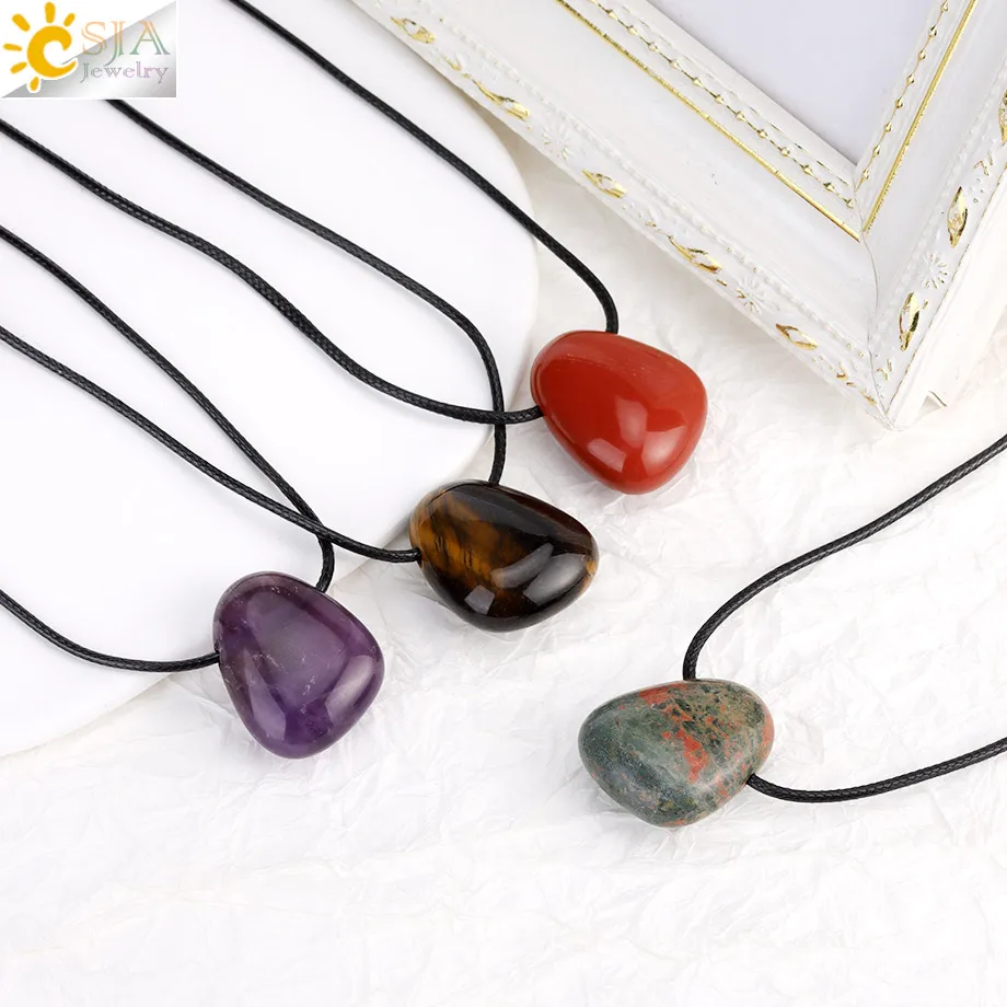 CSJA Natural Stone Tumbling Pendant Necklace for Man Healing Crystal Amethysts Tiger eye Black Obsidian Rose Quartz Lapis H551