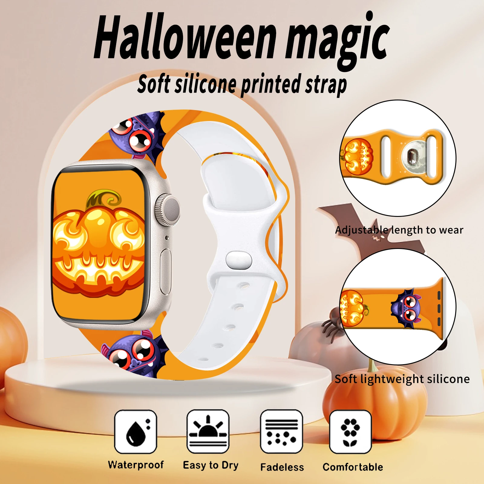 Halloween Magic Printed Strap for Apple Watch 10 9 8 Silicone Band Replaceable Bracelet for iWatch 46mm 44mm 42mm 41mm Watchband