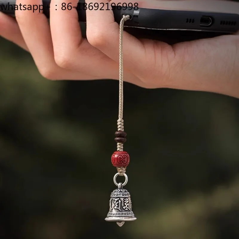 S999 Foot Silver Bell Mobile Phone Pendant Six Characters Mantra Peace Cinnabar Mobile Phone Lanyard Exquisite