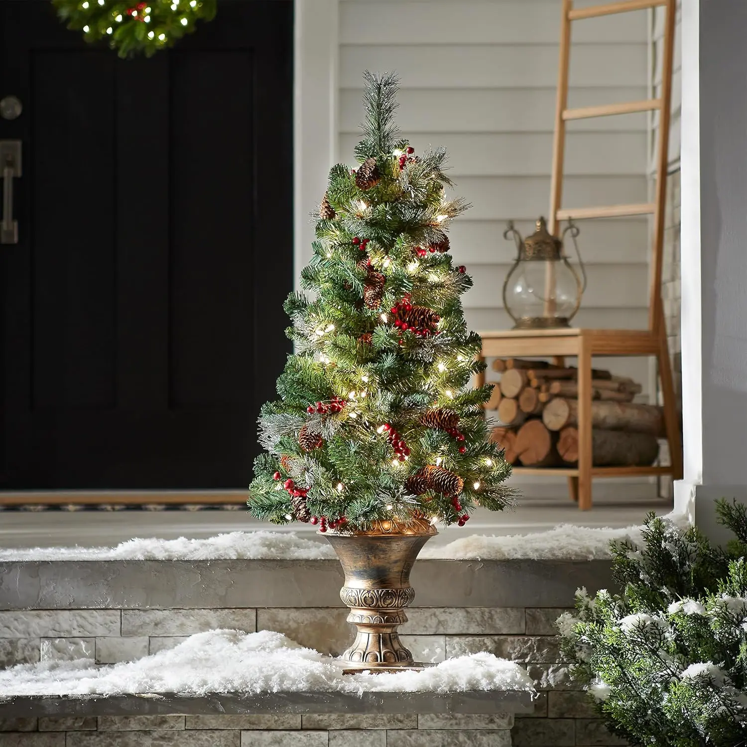 

Pre-Lit Artificial Entrance Christmas Tree, Green, Crestwood Spruce, White Lights, Decorated with Pine Cones