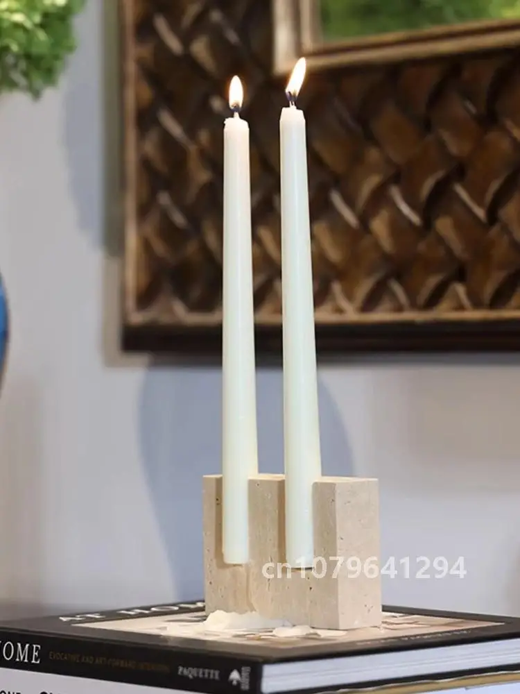 2 Holes Marble Candlestick Holder for Wedding Dinning Party Vintage Travertine Stone Taper Candle Holder for Table Centerpiece