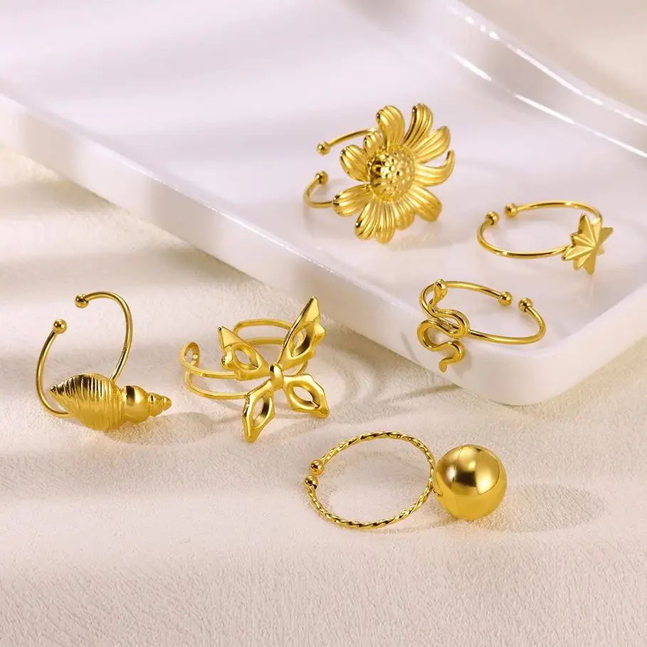 Vintage Conch Rings For Women Gold Color Stainless Steel Geometric Flower Butterfly Ring Wedding Statement Summer Ocean Jewelry