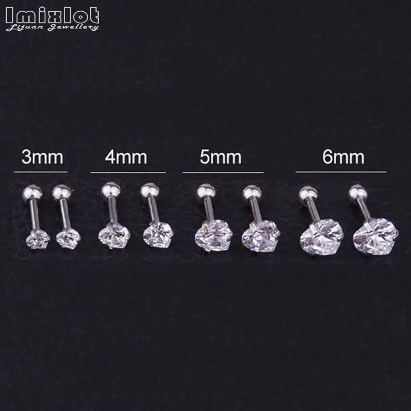 3/4/5/6mm Crystal Stud Earrings for Women Gold Silver Color Triangular Square Star Heart Zircon Tragus Cartilage Piercing Jewelr