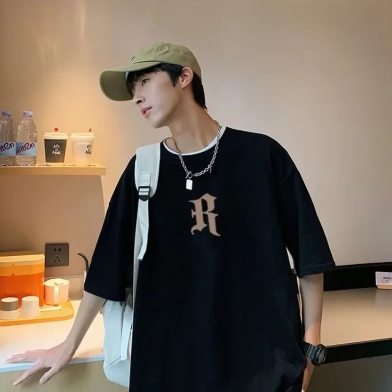 8XL Men Oversized Korean Fashion Loose Artistic Fonts Print Short Sleeve Round Neck Versatile Trend Couple outfit