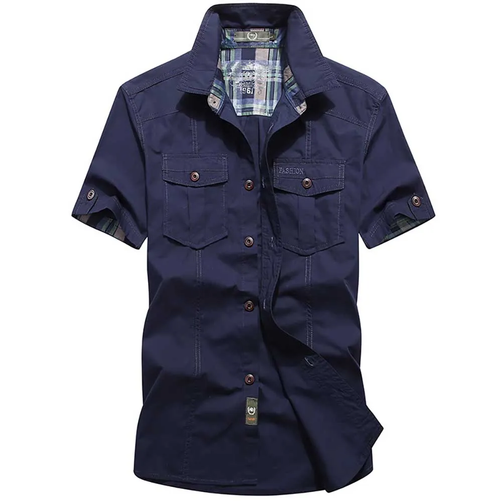 2023 Summer New Fashion Cotton Casual Shirts Men Loose Shirts Short Sleeve Turn-down Collar Military Style Male Tops