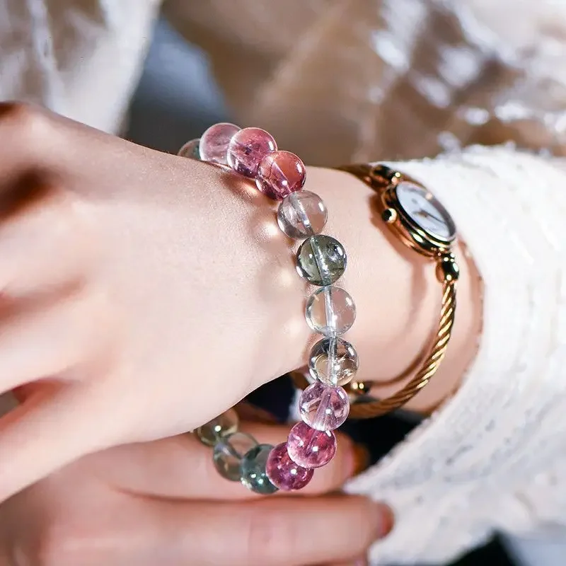 ANGLANG Shop Macaroon Tourmaline Bracelet 7A Collectible Grad Old mine glass ice Cream Color Natural Stone HandString for Women