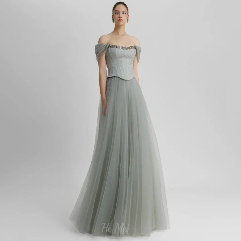 맞춤형 빈티지 프롬 드레스 튤 오프숄더 이브닝 드레스 일루전 크리스탈 A라인 파티 가운 웨딩드레스
