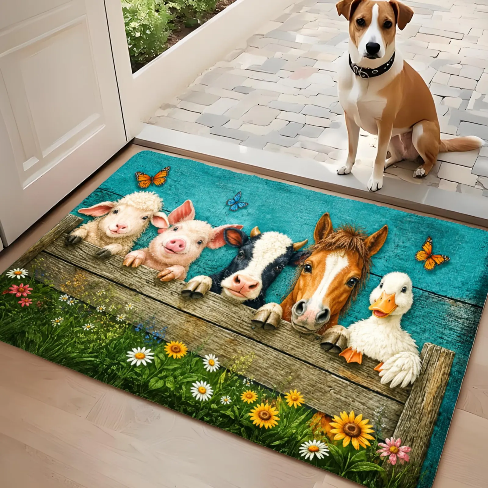 3PCS Kitchen Rugs,Home Decoration for Front Door, Kitchen, Bathroom, Cute Animals On Wooden Fence With Flowers Dining Mat