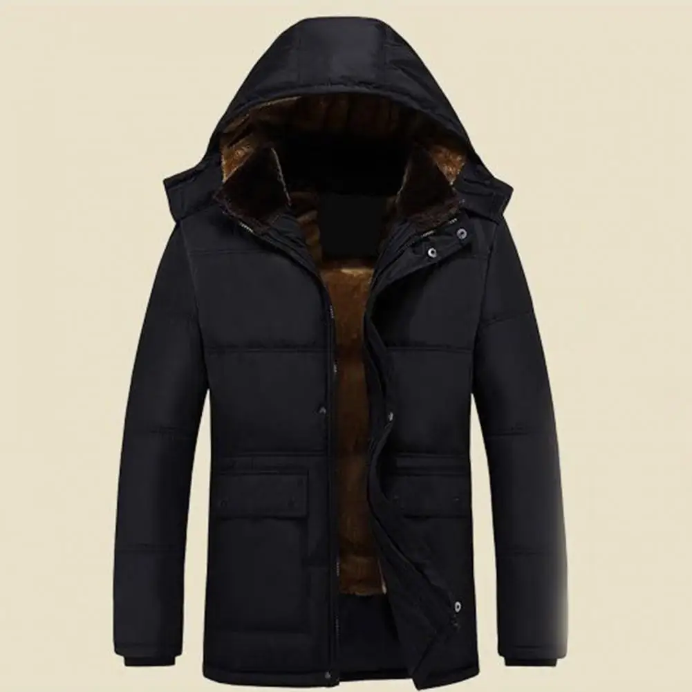 2024 Winter Fashion Comfort Men\'s Raccoon Collar Medium Length Plus Fleece Hooded Cotton-Padded Jacket Plush Lining Coat Jacket