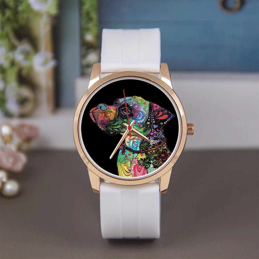 ساعة يد بتصميم كلب 45/38 ملم بمينا ذهبي وردي كوارتز للرجال والنساء مع حزام أسود ساعة فضية عالمية هدية تذكارية