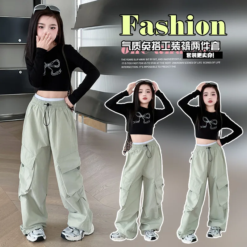2026 Spring Summer Tracksuit Children Set Kids Girls Clothes crop top T-Shirt + wide leg Cargo Pants Teenager 4 8 10 11 12 year