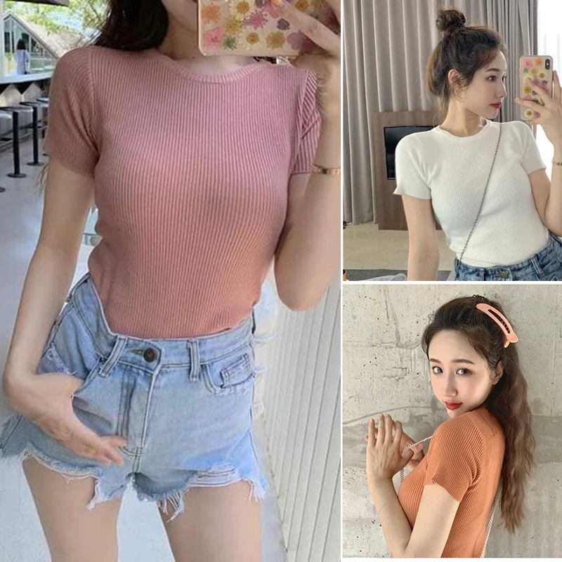 2024 Cassy Knotted Tops Plain Round Neck Knitted Blouse for Women Short Sleeve T-shirt 60kg Dropshipping Summer Ice Silk Shirt