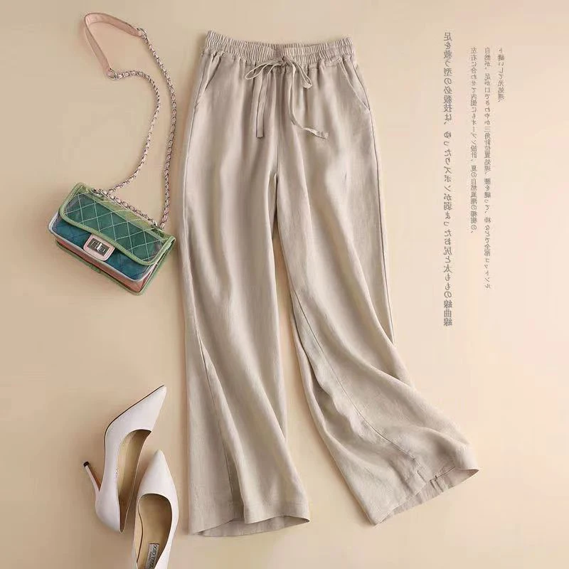 

Повседневные женские брюки из хлопка и льна, летние, тонкие, прямые, свободные, широкие, с высокой талией, длинные, для офиса