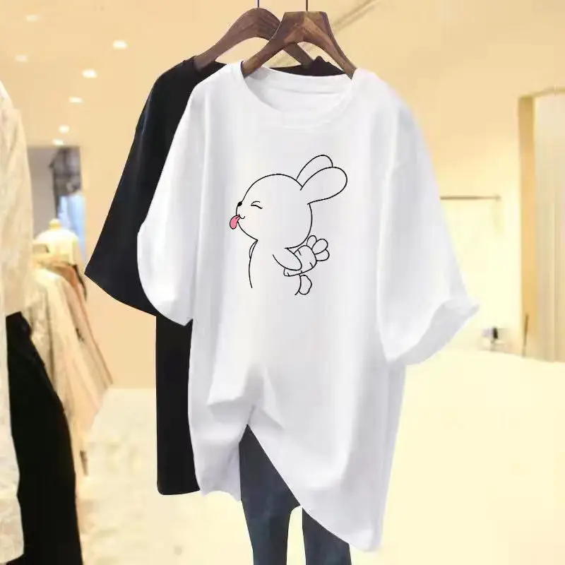 

Women Clothing Casual Loose O-neck T-shirt, Summer 100% Cotton Vintage Basic Top Tee, Cartoon Printed Short Sleeve Pullovers