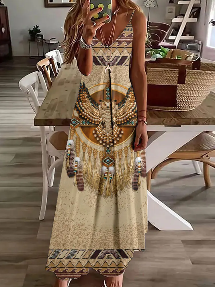 

2024 Vintage Ethnic Print Women's Dress Summer Everyday Casual Women's Sleeveless Dress Street Fashion Women's V-neck Dress