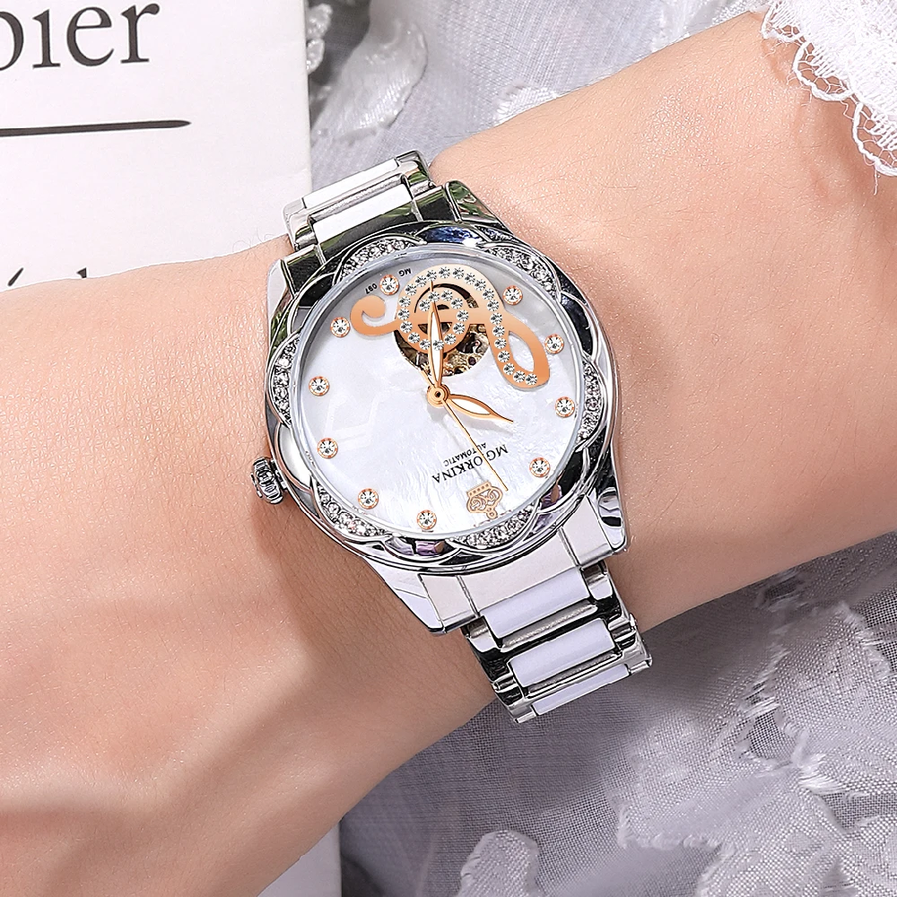 ORKINA Women Watch Automatic Self-Wind Mechanical Fashion Luxury Mother-of-Pearl Dial Ceramic Steel Band Ladies Gift Wristwatch
