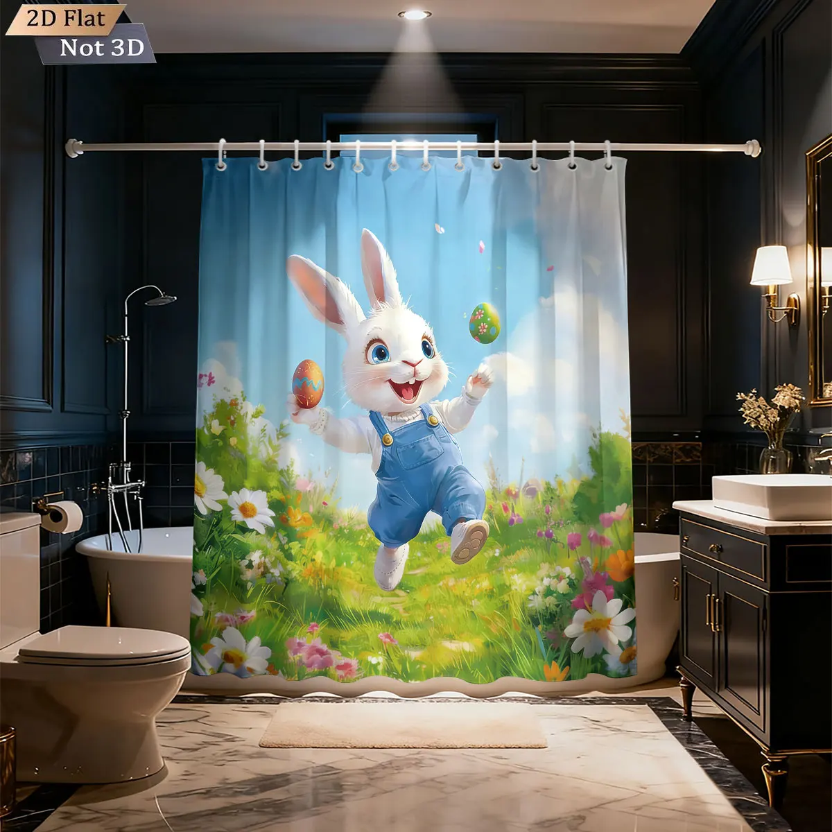 

1pc Easter Happy Cartoon Rabbit Printed Waterproof Shower Curtain Partition Privacy Hanging Curtain With 12 Hooks Multiple Sizes