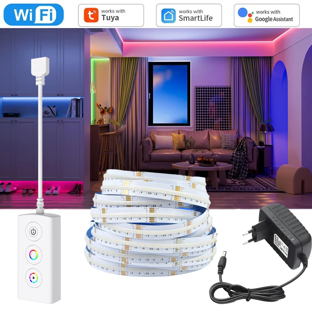 

Умная Wi-Fi светодиодная лента COB RGBCCT 24В 1м 2м 3м 4м 5м RGBCW, гибкая, с регулировкой яркости, управление через приложение Tuya Smart Life, совместимость с Alexa и Google Assistant