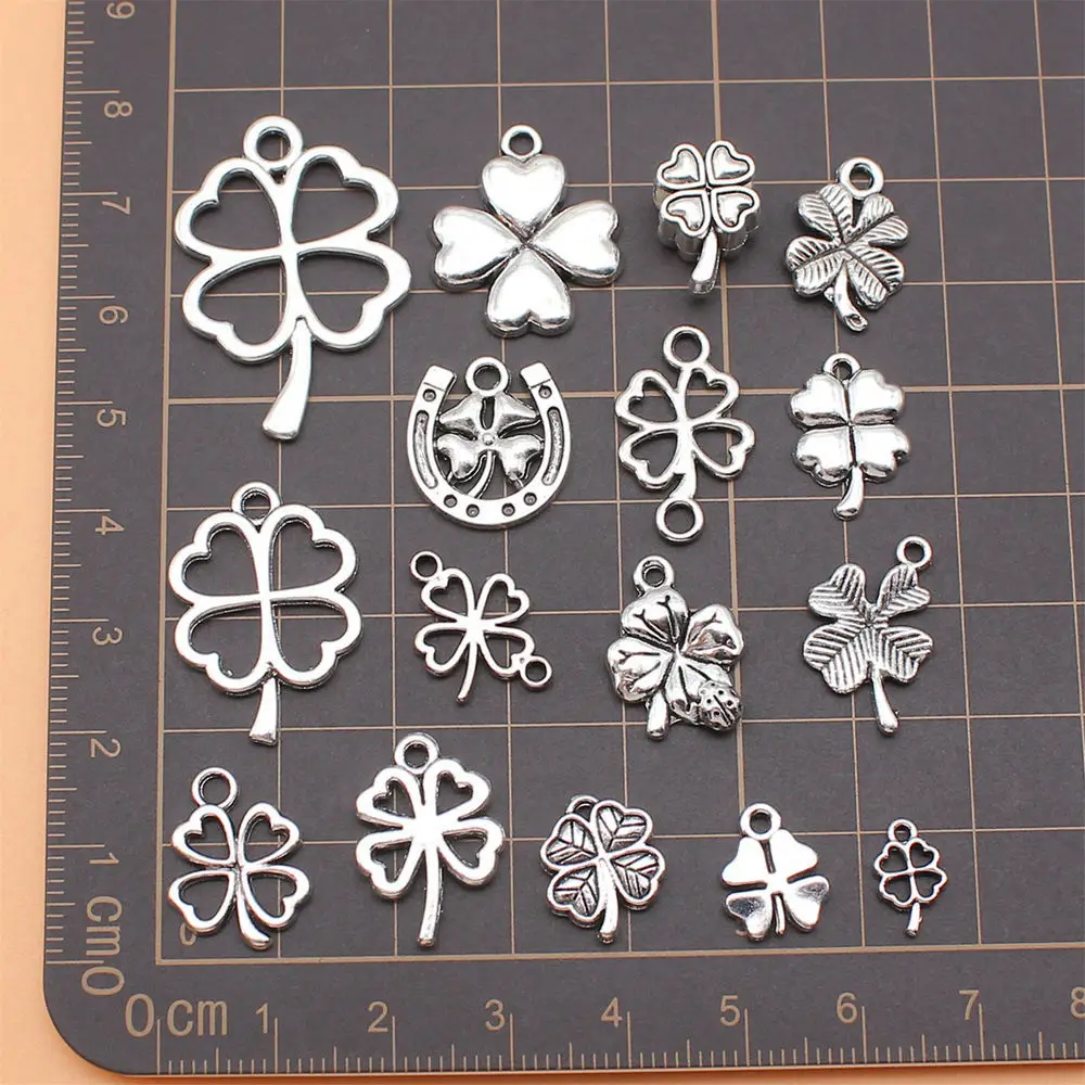 16pcs/lot Antique Silver Color Lucky Clover Charms Collection For Jewelry Making Couple Pendants