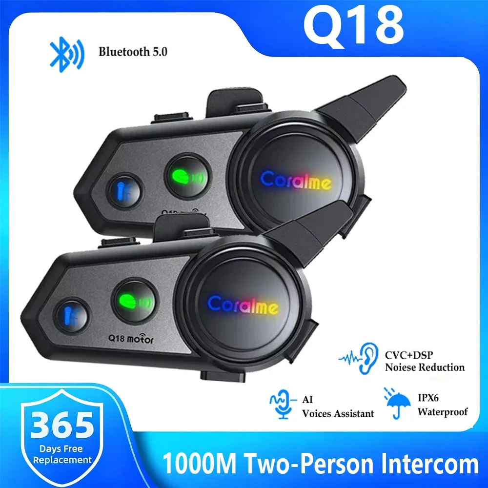 

Q18 Motorcycle Helmet Headset Bluetooth Intercom Support for 2 person 1000m Interphone Music Player & Sharing IPX6 Waterproof