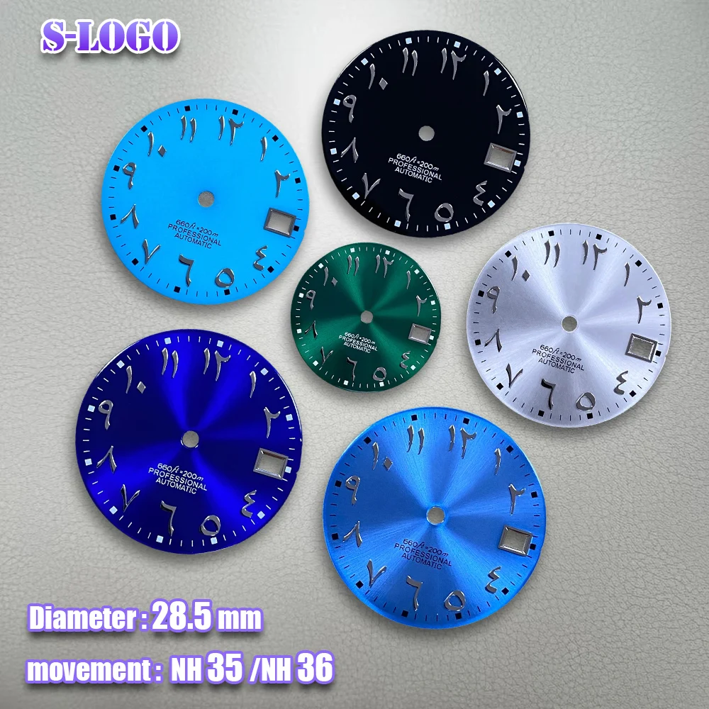 28.5mm S Logo High Quality NH35 Arabic Letters Dial No luminous Suitable for NH35/NH36 Movements Watch Accessories Repair Tools