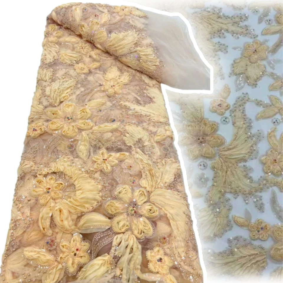 High-Quality 3D Tulle Beaded Lace Fabric From Nigeria,  African Sequined Mesh Lace Fabric Suitable for Wedding Dress Making 2029