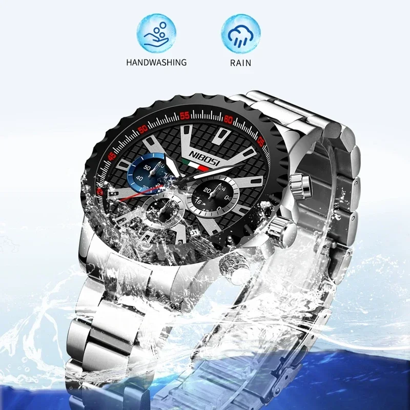NIBOSI-Montre à quartz chronographe en acier inoxydable pour homme, horloge de sport, marque supérieure, mode de luxe, 2024