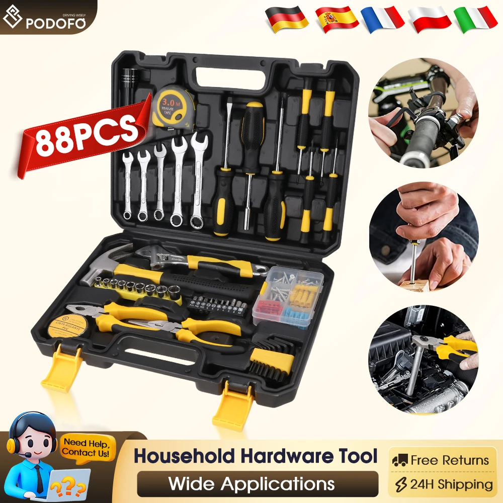 Podofo 88PCS Set combinato di utensili manuali per hardware domestico, cassetta degli attrezzi multifunzione, adatta per riparazioni auto e fai da te a casa