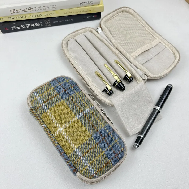 yellow-and-green-plaid-woolen-pen-case-multi-pen-bag-fountain-pen-sleeve-large-capacity-stationery-pouch-zipper-bag