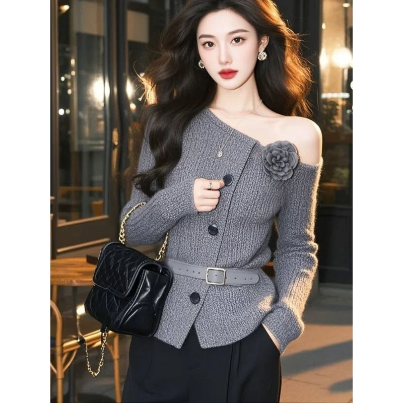 

Мягкий и ленивый высококачественный вязаный топ, женский серый свитер с открытыми плечами