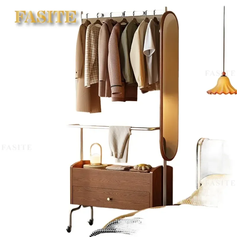 For Modern Simple Solid Wood Floor-to-Ceiling Movable Full-Length Mirror Coat Rack Bedroom Living Room Household Storage