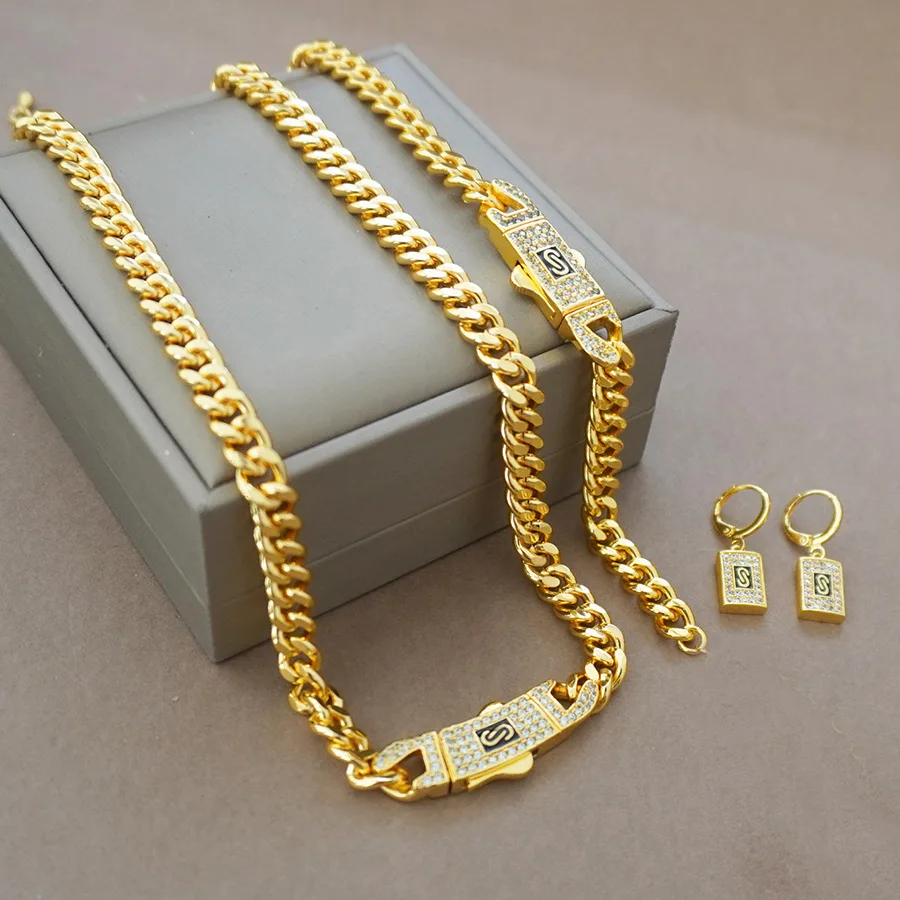 9999 Gold Middle East Autumn-Winter Fashion Classic Punk Rock Cuban Chain Detachable Necklace Bracelet Jewelry