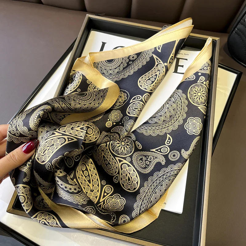 New Black Gold Paisley Korean Style Women's 70 Small Square Towel Mulberry Thin Silk Scarf in Stock