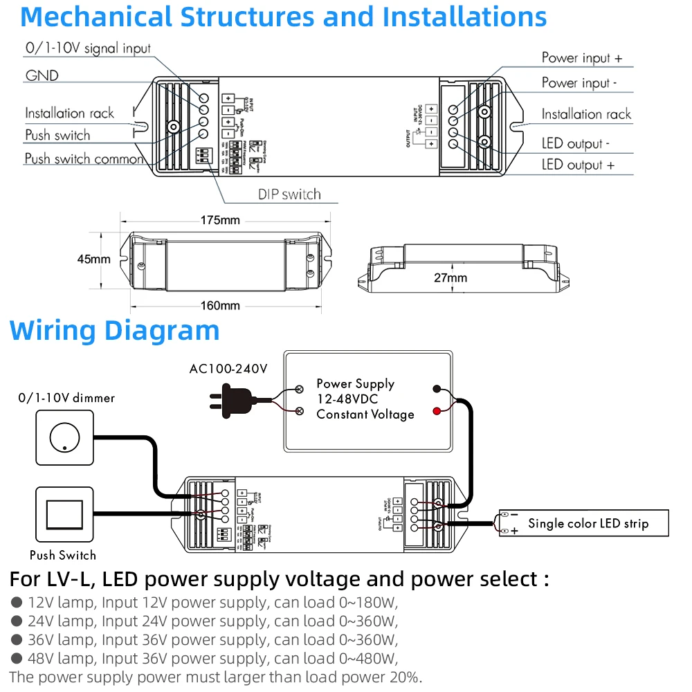 0/1-10V LED Dimming Driver PWM Constant Voltage 1CH DC48V 36V 24V 12V 0 -10V Dimmer Controller 1 Channel 1-10V Signal Input LV-L