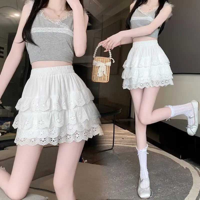 Sweet Lovely Girl White Lace Short Skirt New High Waisted French Puffy Skirt Student Cake Skirt Fashionable Simple Half Skirt